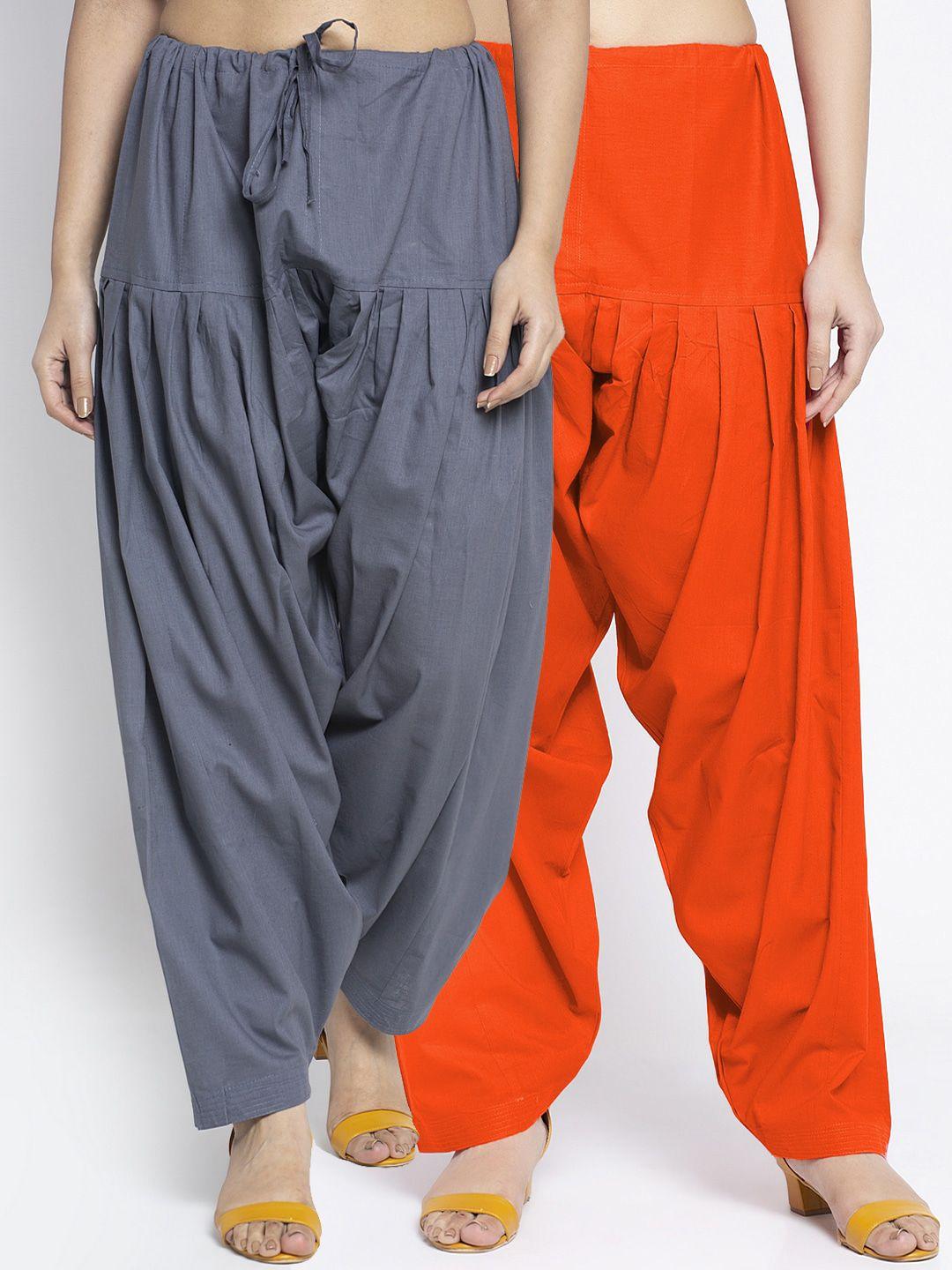 jinfo women pack of 2 grey & orange solid loose fit pure cotton salwar