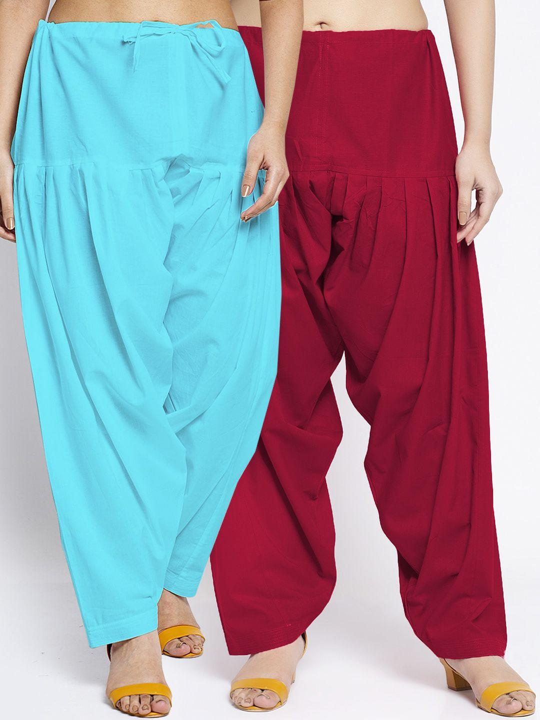 jinfo women pack of 2 maroon & blue solid pure cotton loose-fit salwars