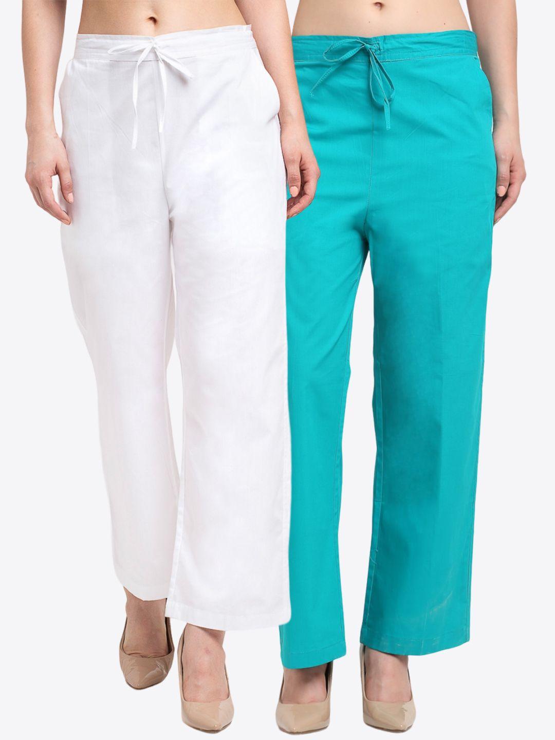 jinfo women pack of 2 mid-rise smart loose fit cemric plain cotton parallel trousers