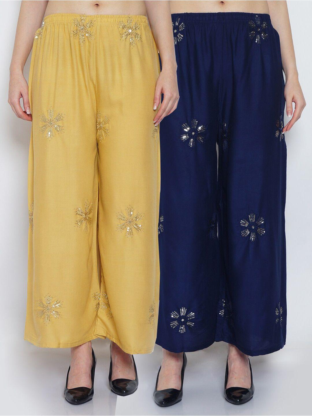 jinfo women pack of 2 navy blue & beige floral embellished flared knitted ethnic palazzos