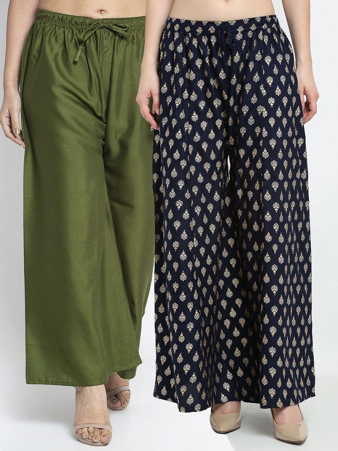 jinfo women pack of 2 olive green & navy blue ethnic palazzos