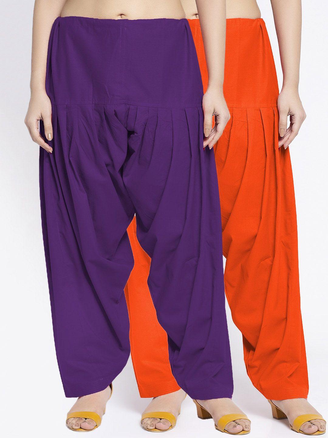 jinfo women pack of 2 orange & purple solid cotton salwar