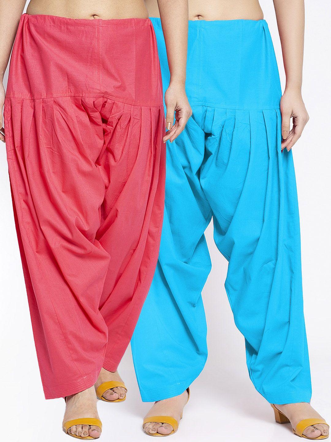 jinfo women pack of 2 pink & blue solid loose-fit pure cotton salwar