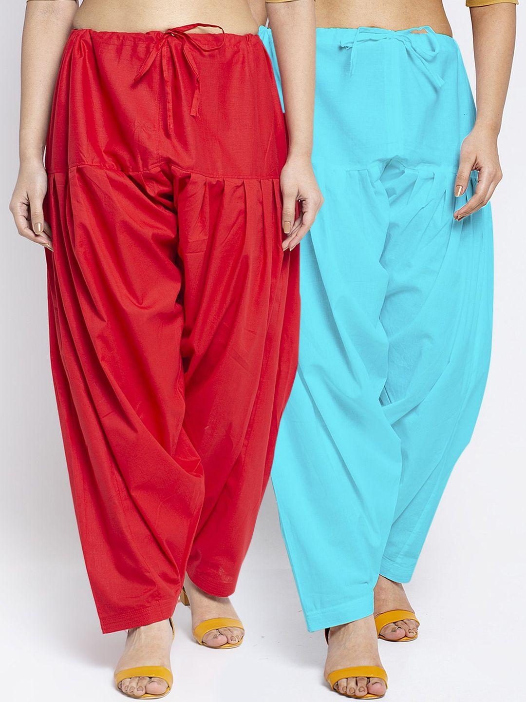 jinfo women pack of 2 red & blue loose fit solid cotton salwar