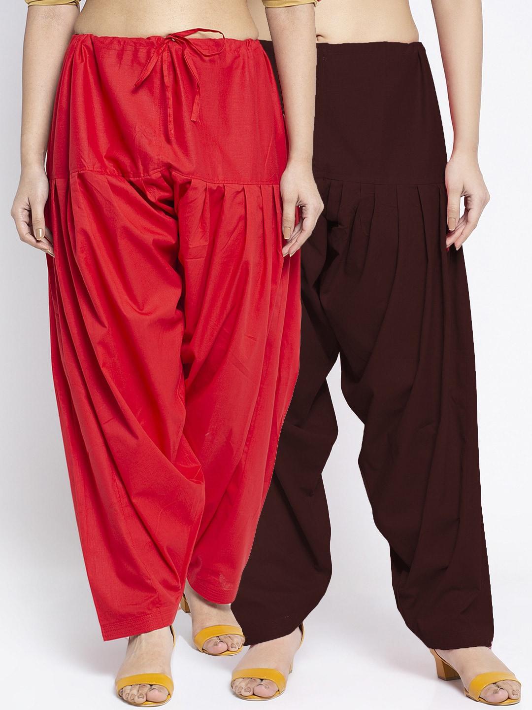 jinfo women pack of 2 red & brown solid cotton salwars