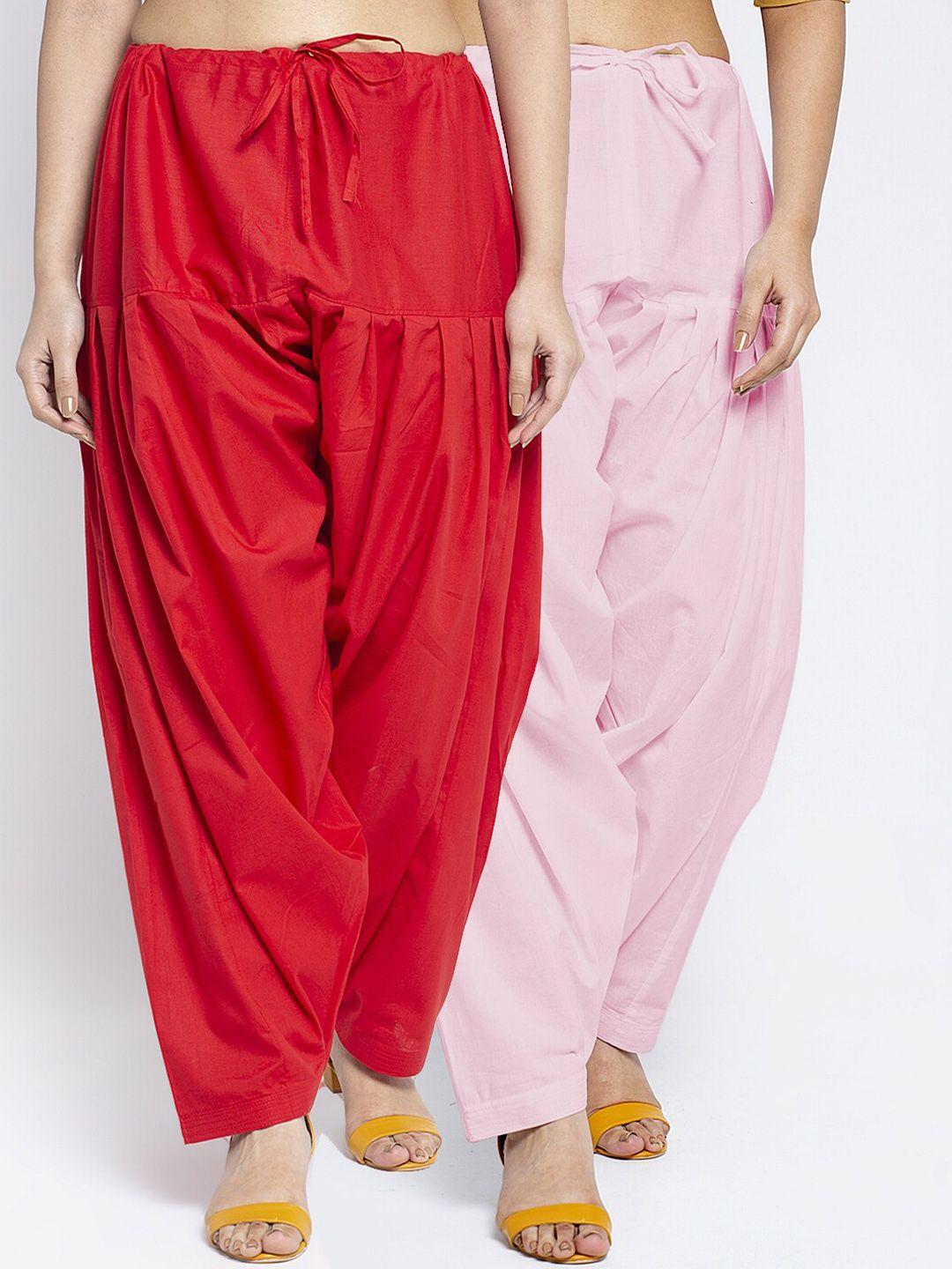 jinfo women pack of 2 red & pink solid cotton salwars
