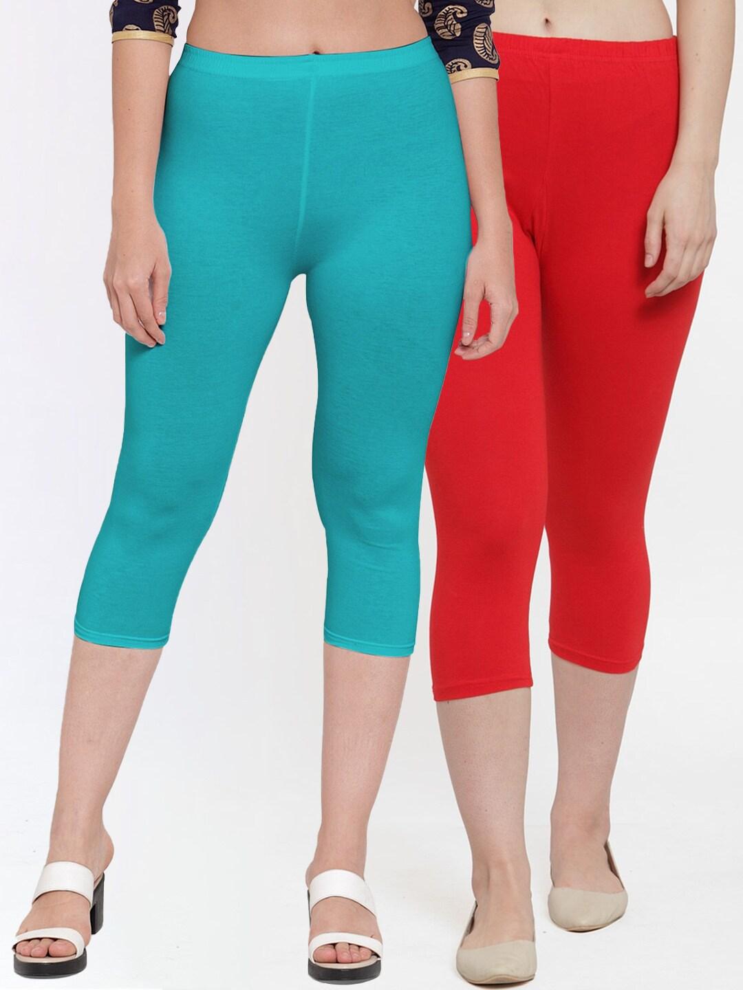 jinfo women pack of 2 red & turquoise blue solid capris