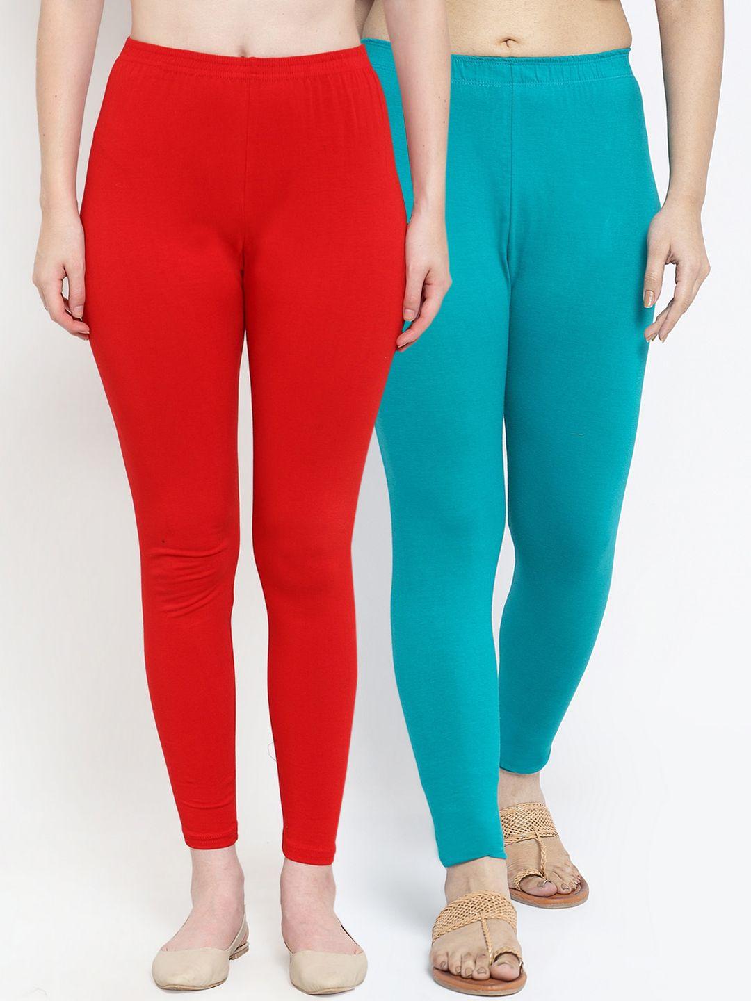jinfo women pack of 2 red, light blue solid leggings