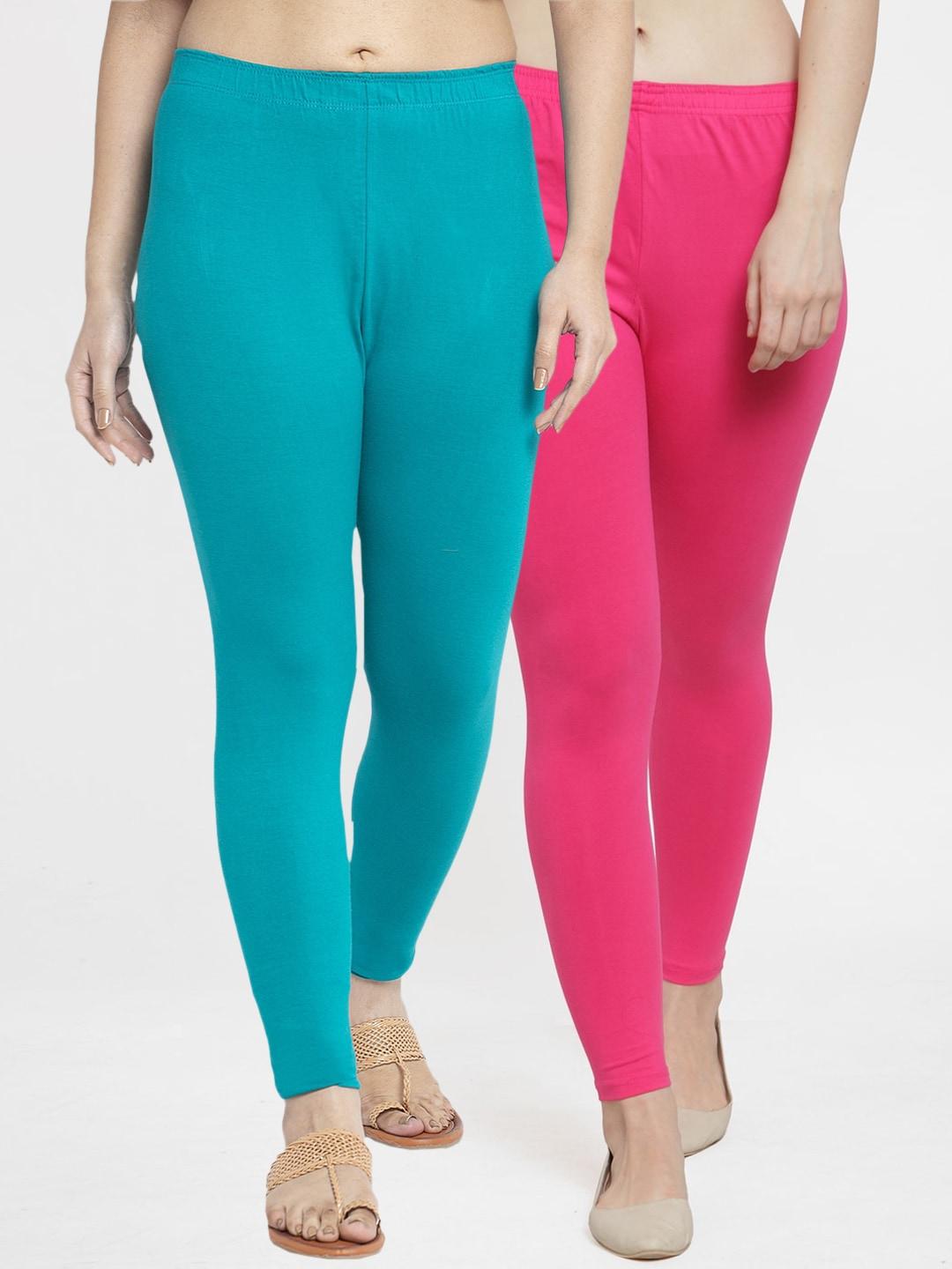 jinfo women pack of 2 solid pink & blue cotton leggings
