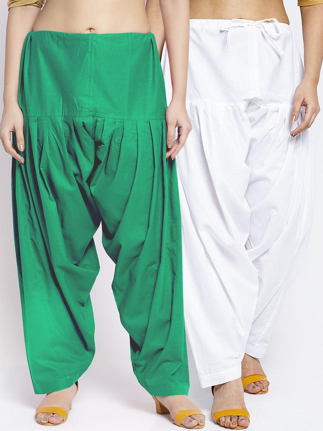 jinfo women pack of 2 solid white & green loose fit pure cotton salwar