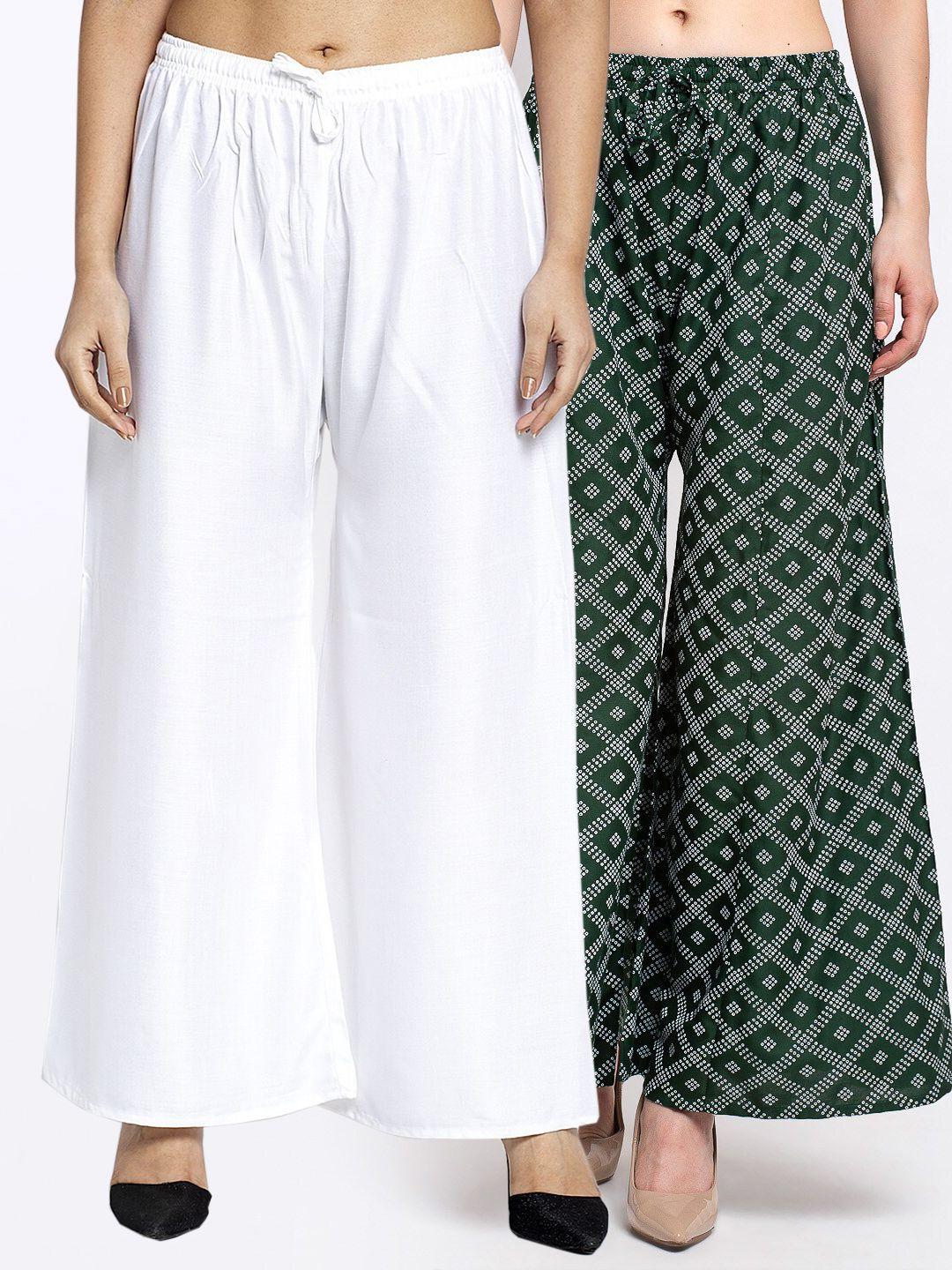 jinfo women pack of 2 white & green printed flared knitted ethnic palazzos