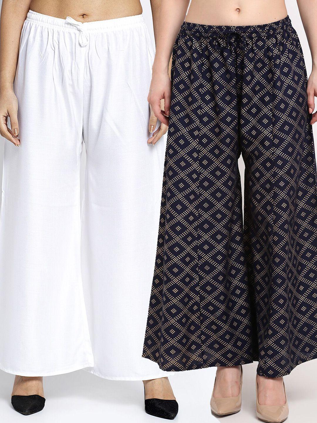jinfo women pack of 2 white & navy blue printed flared knitted ethnic palazzos