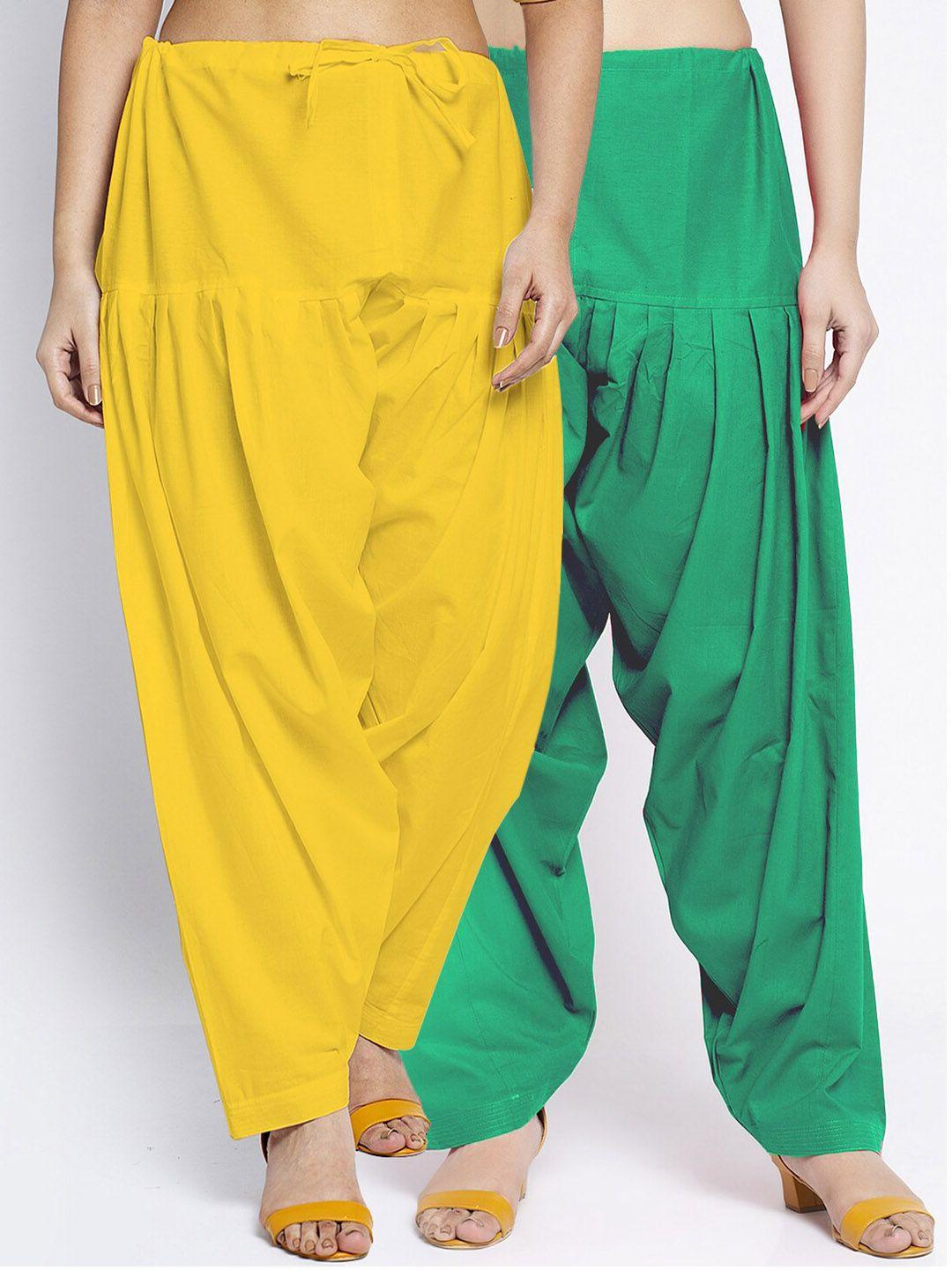 jinfo women pack of 2 yellow & green solid pure cotton salwar