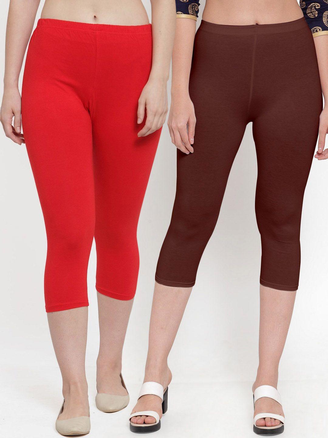 jinfo women red & brown pack of 2 capris