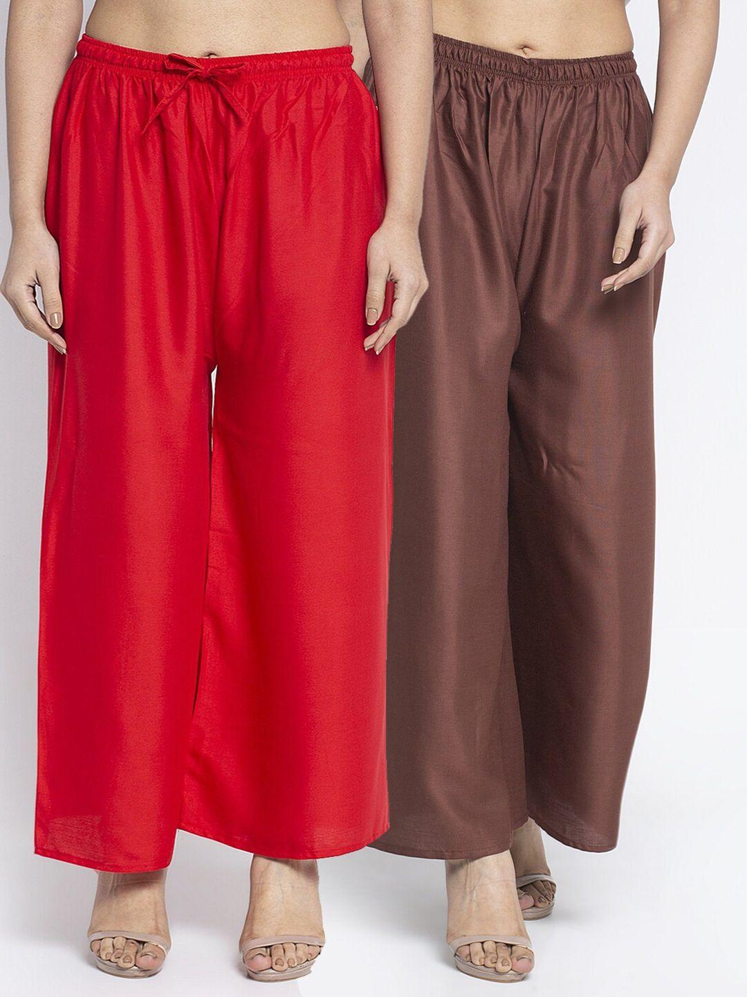 jinfo women red & brown set of 2 flared knitted ethnic palazzos