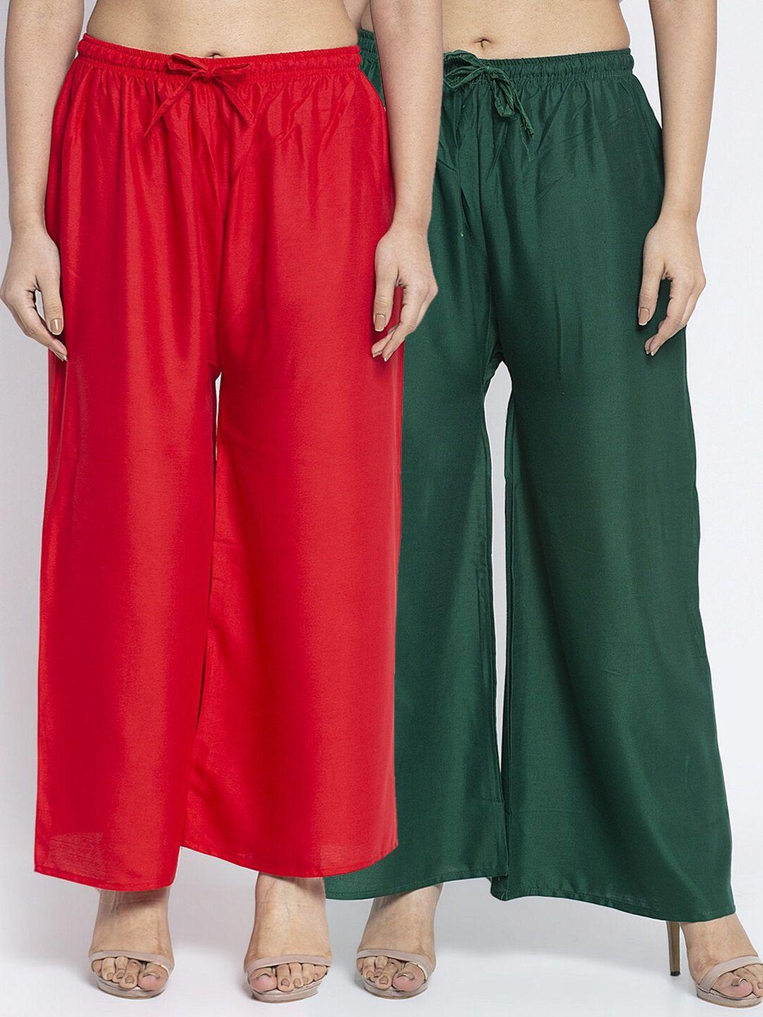 jinfo women red & green set of 2 flared knitted ethnic palazzos