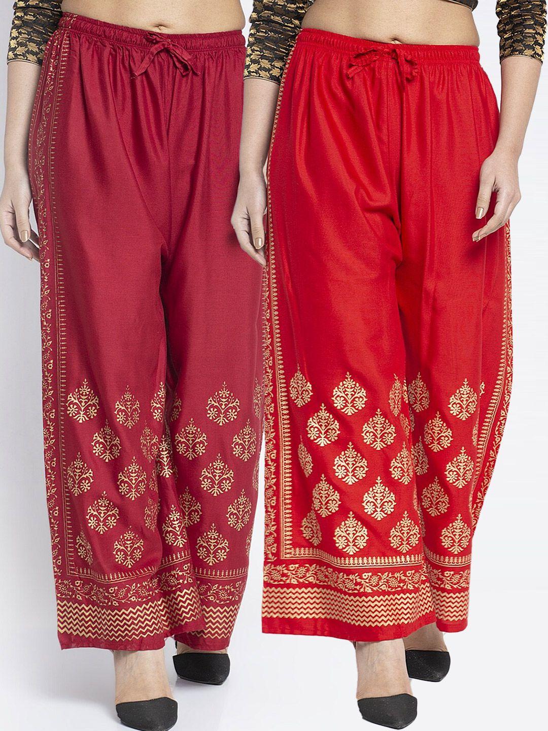 jinfo women red & maroon ethnic motifs printed flared knitted ethnic palazzos