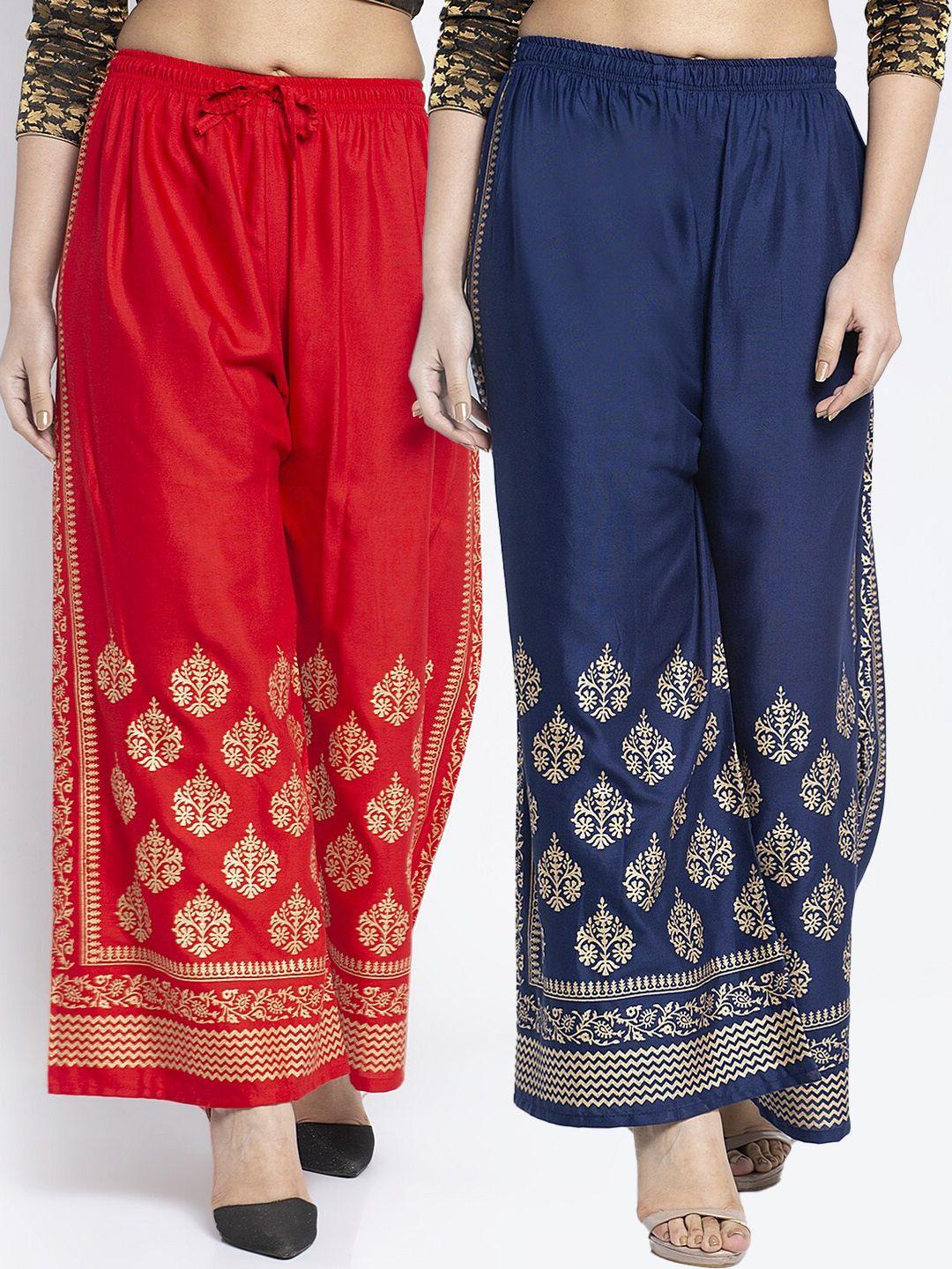 jinfo women red & navy blue ethnic motifs embroidered knitted ethnic palazzos