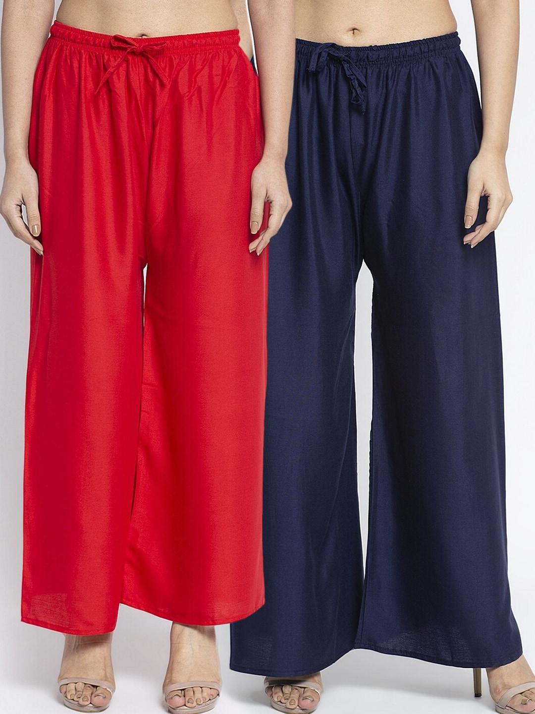 jinfo women red & navy blue pack of 2 flared ethnic palazzos