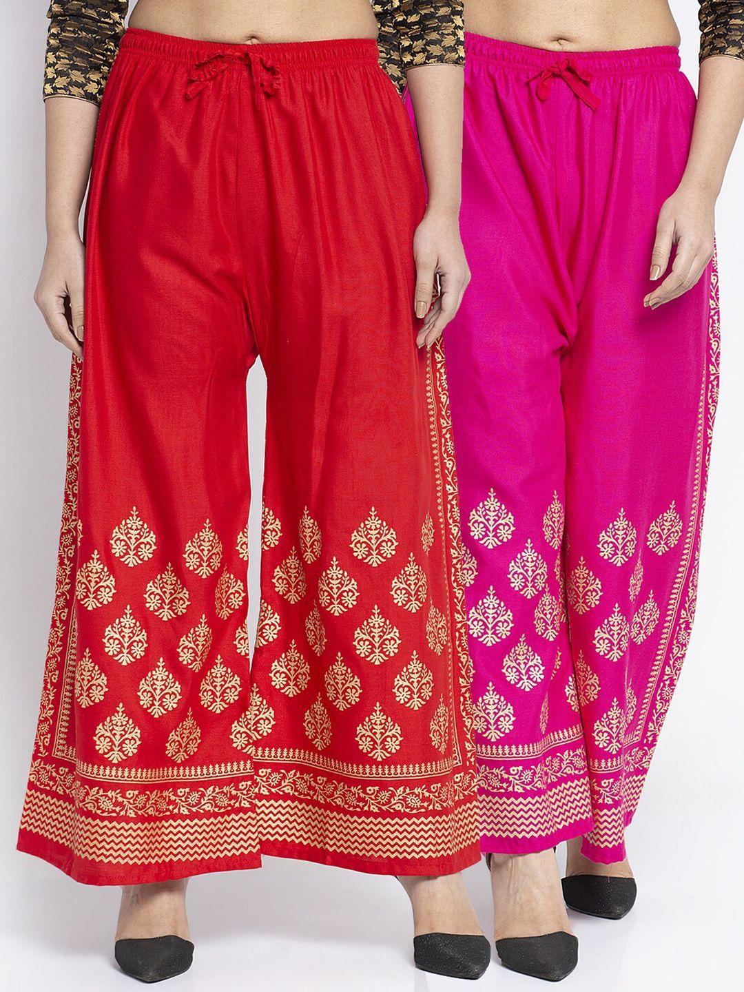 jinfo women red & pink set of 2  ethnic printed flared knitted ethnic palazzos
