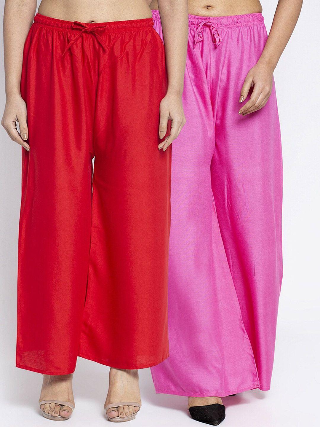 jinfo women red & pink set of 2 solid flared fit palazzo