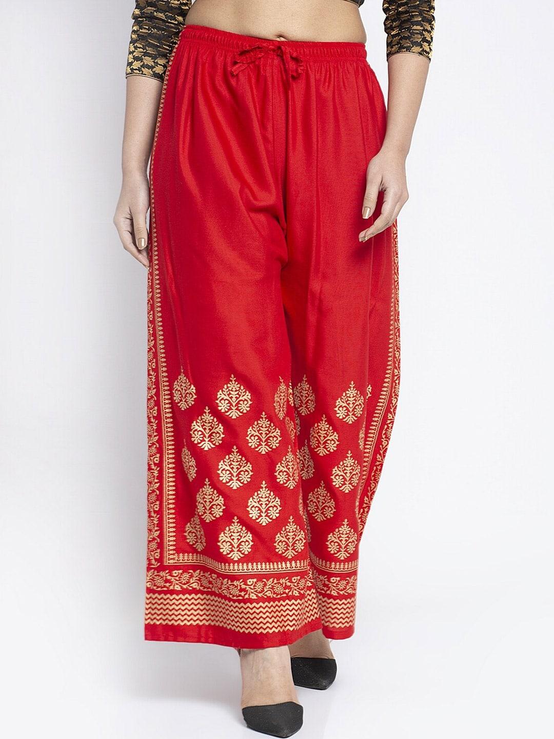jinfo women red embroidered straight fit palazzo