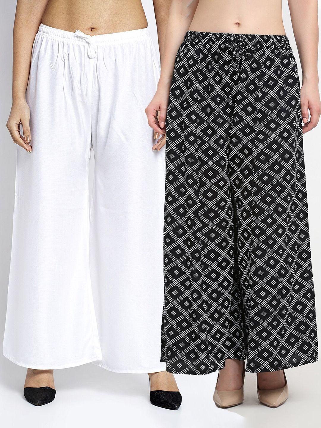 jinfo women set of 2 white & black printed flared fit palazzos