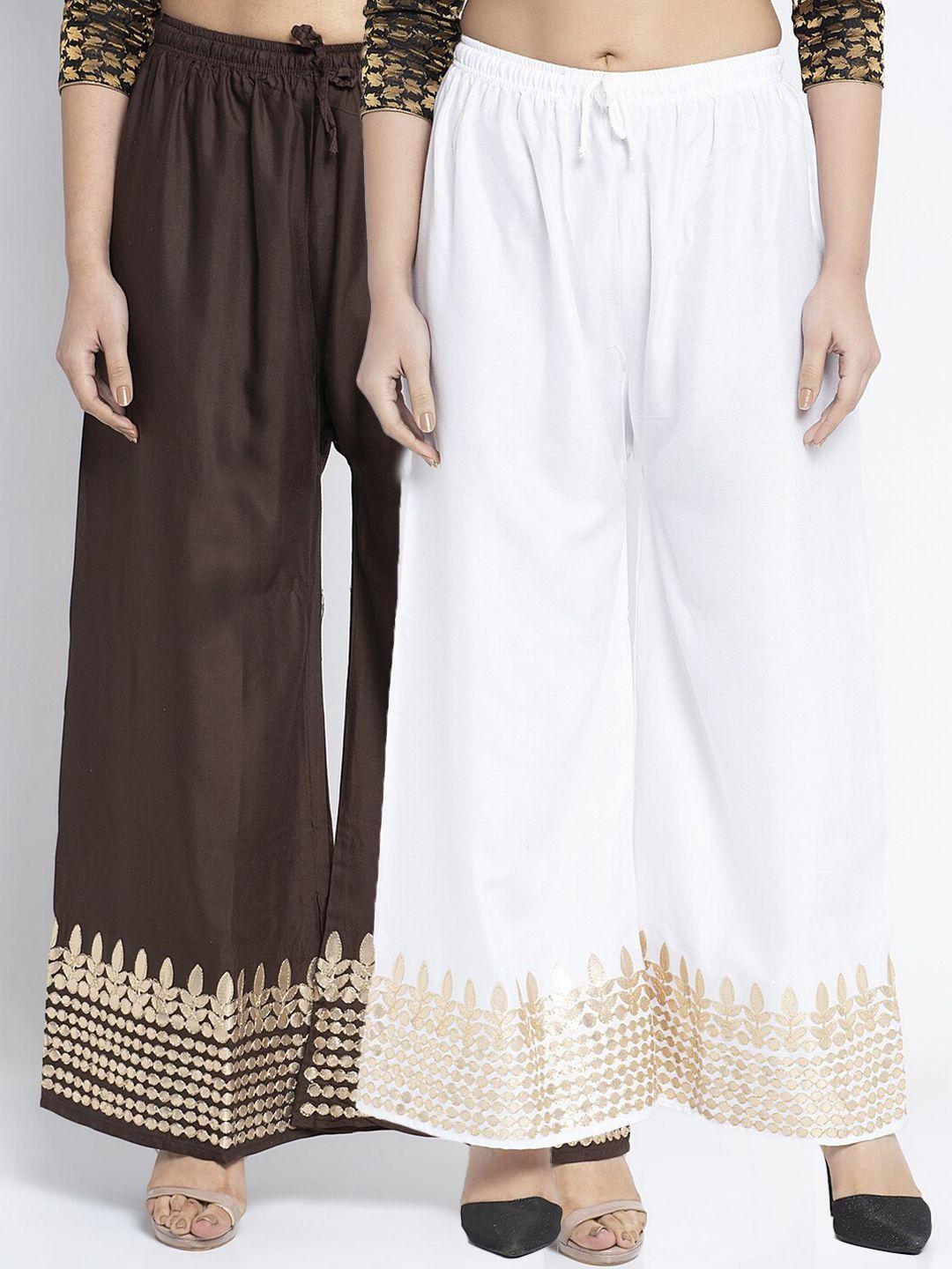 jinfo women white & brown set of 2 gota printed wide leg fit palazzo