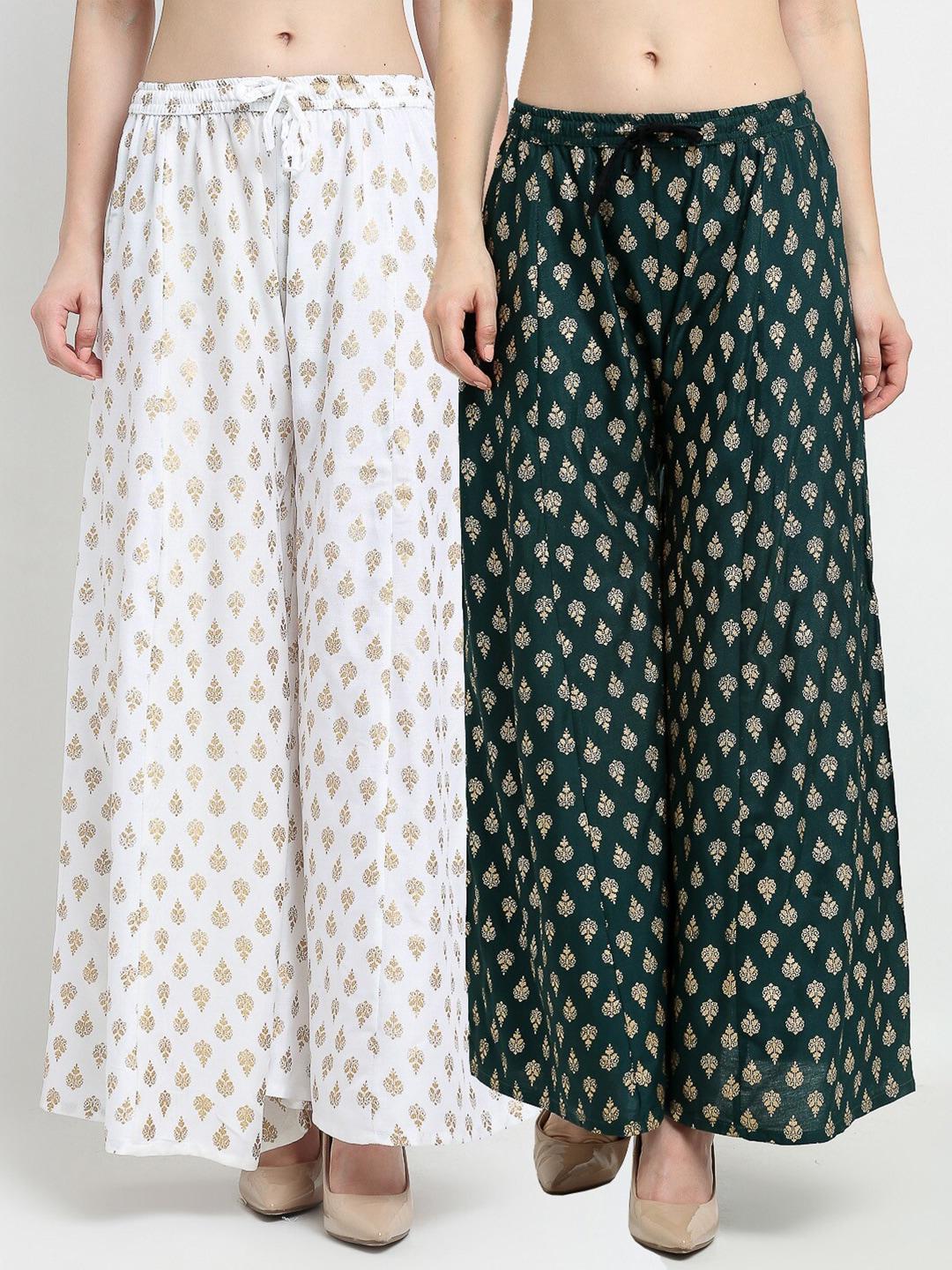 jinfo women white & green set of 2 ethnic motifs printed flared knitted ethnic palazzos