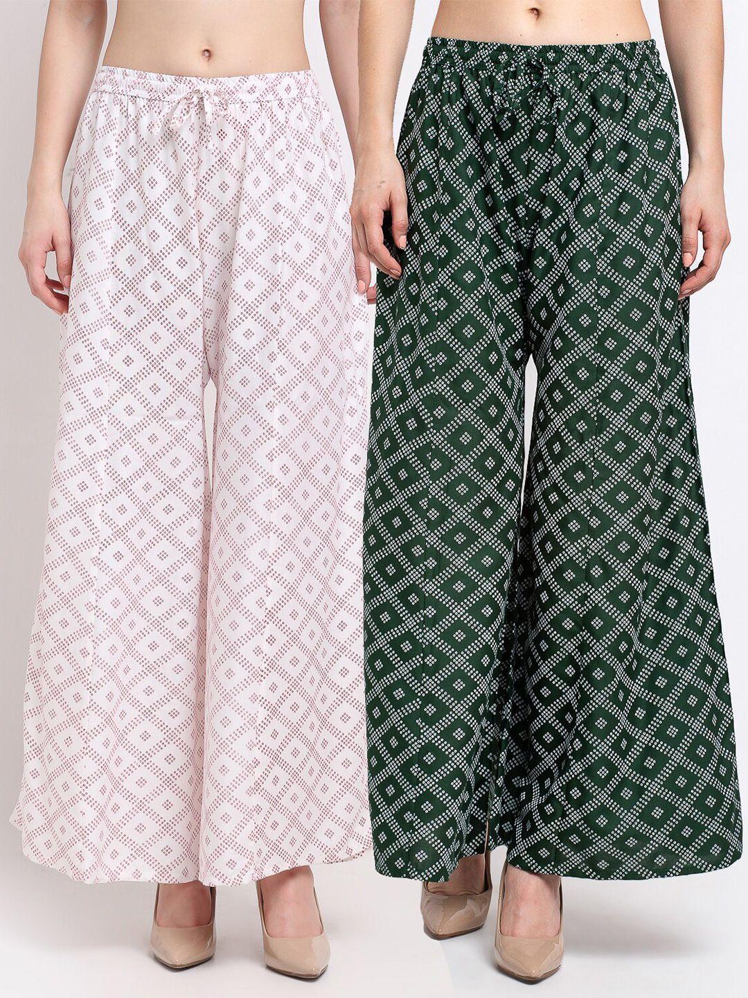 jinfo women white & green set of 2 printed flared knitted ethnic palazzos