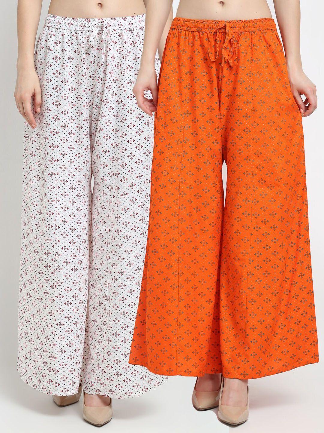 jinfo women white & orange pack of 2 ethnic motifs printed flared palazzos