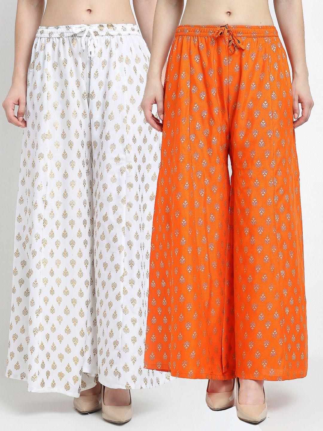 jinfo women white & orange set of 2 ethnic motifs printed flared knitted ethnic palazzos