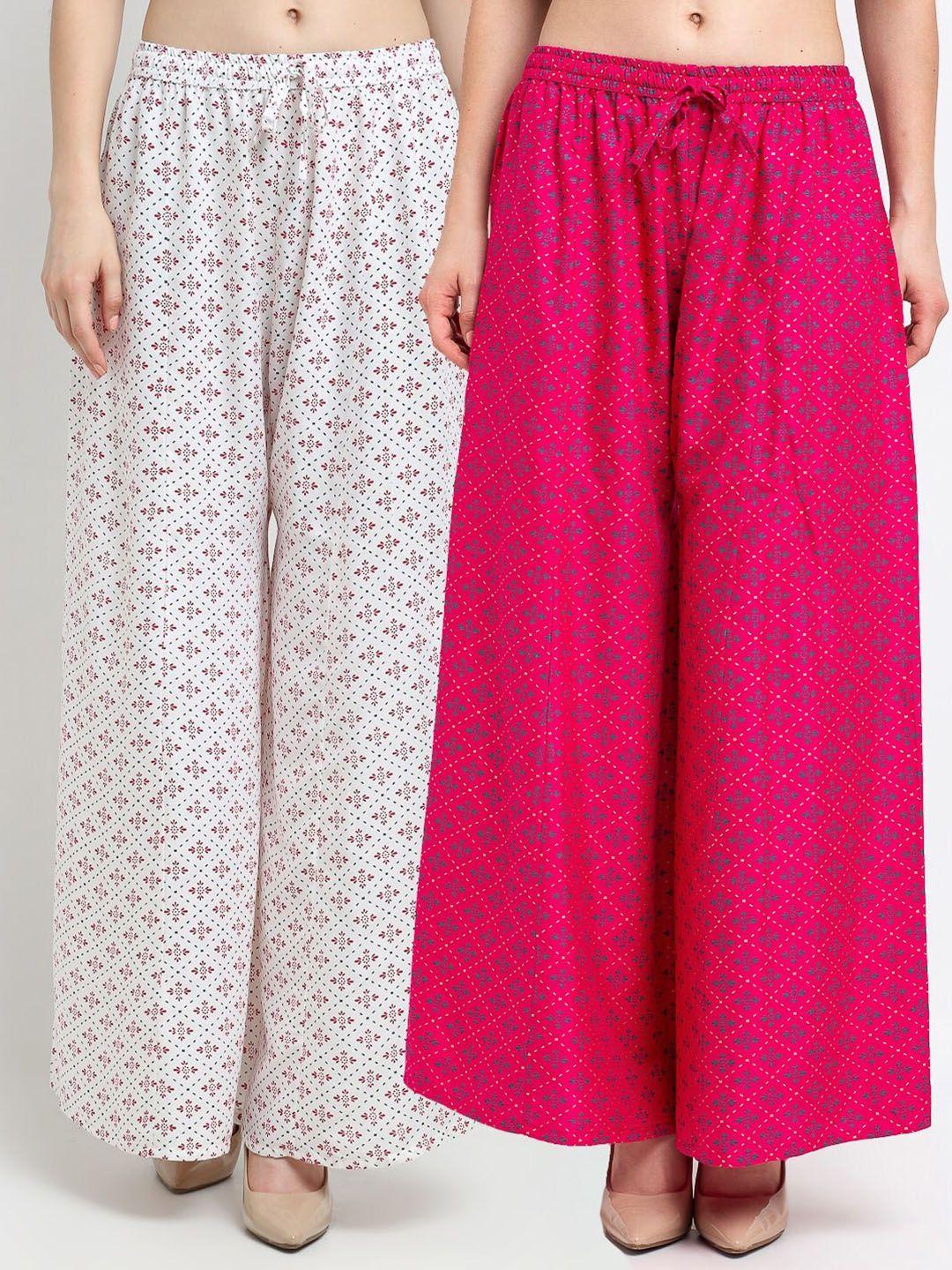 jinfo women white & pink pack of 2 floral printed flared ethnic palazzos