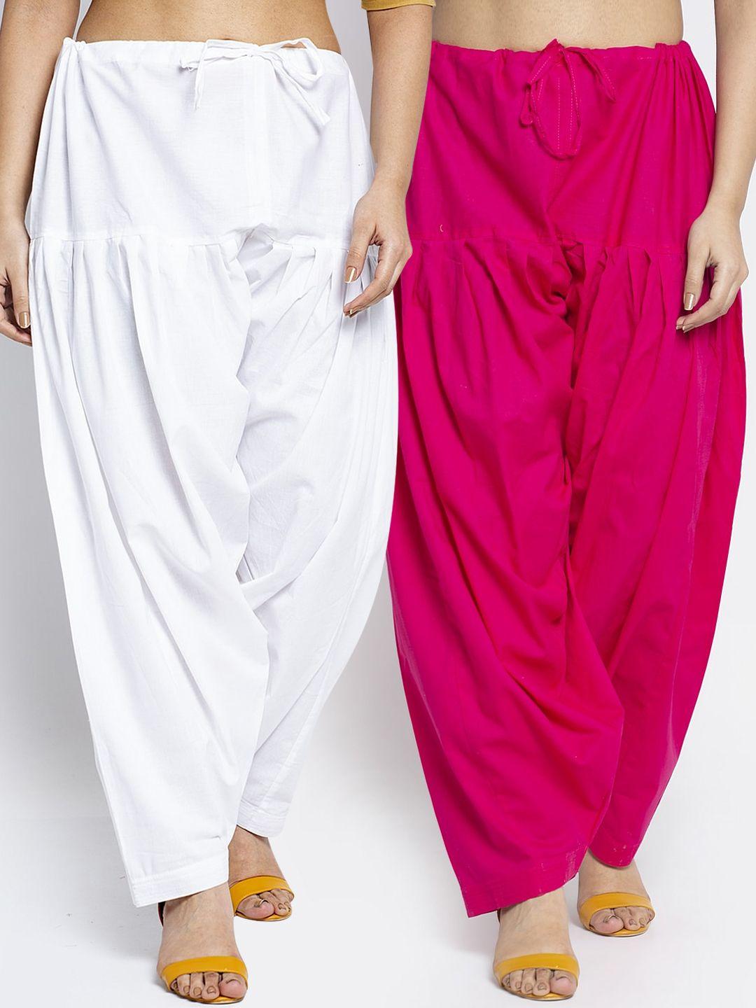jinfo women white & pink pack of 2 solid cotton salwar