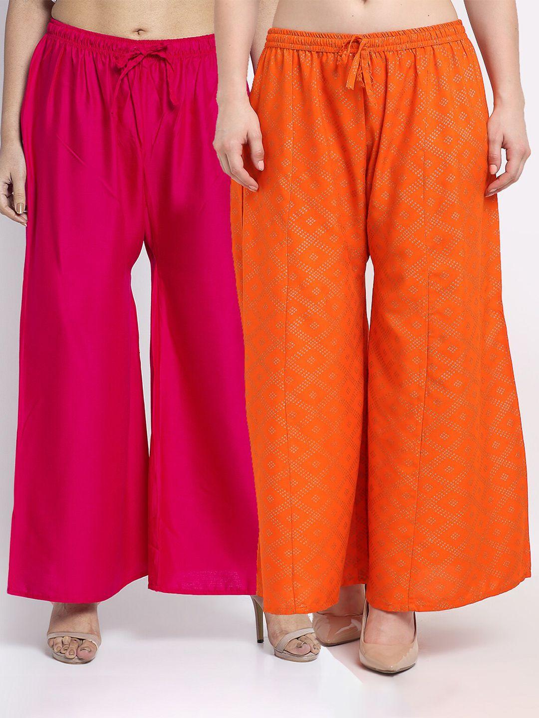 jinfo pack of 2 pink & orange printed flared knitted ethnic palazzos