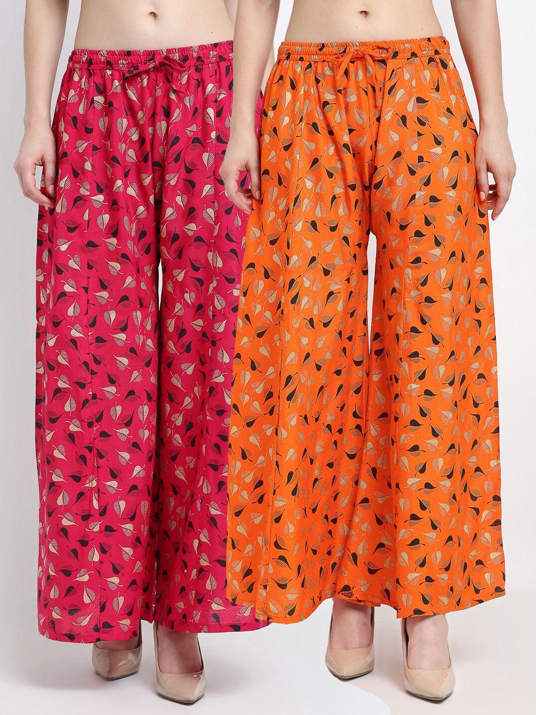 jinfo pack of 2 women pink & orange printed flared knitted ethnic palazzos