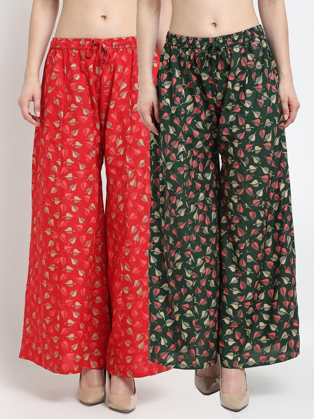jinfo pack of 2 women red & green printed flared knitted ethnic palazzos