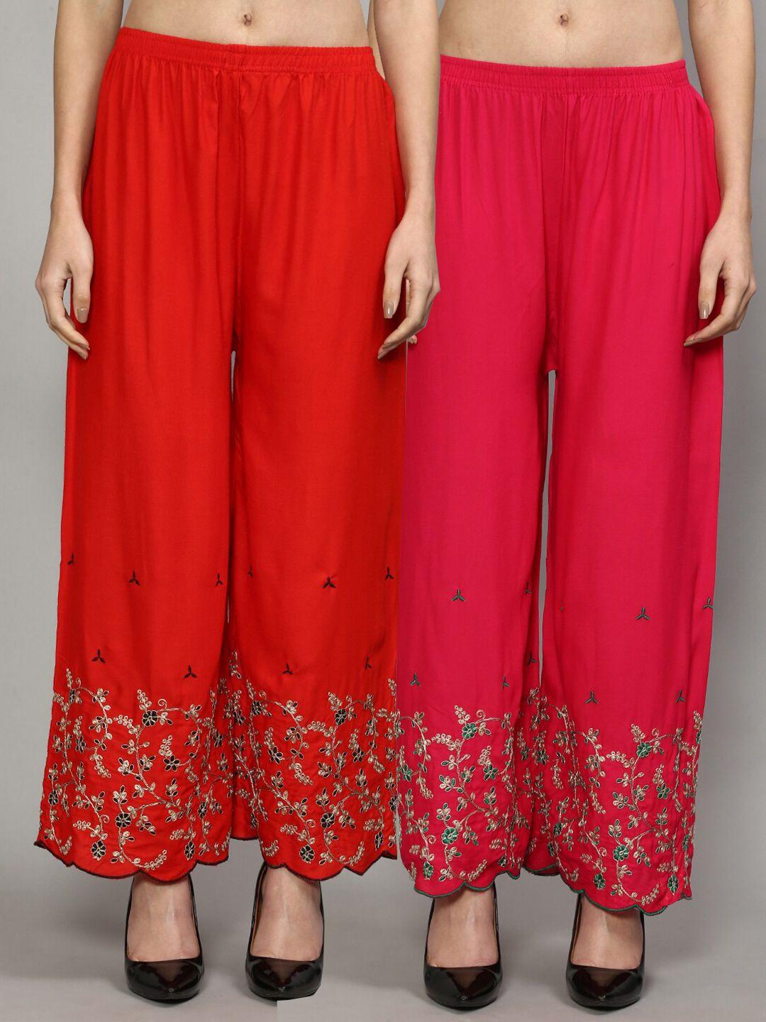 jinfo red & pink set of 2 floral printed straight fit palazzo