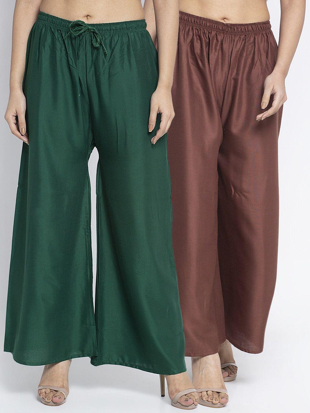 jinfo set of 2 women green & brown flared ethnic palazzos