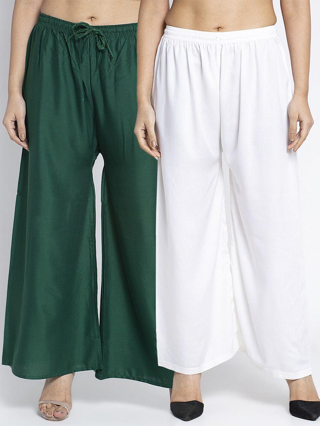 jinfo set of 2 women green & off white flared knitted ethnic palazzos