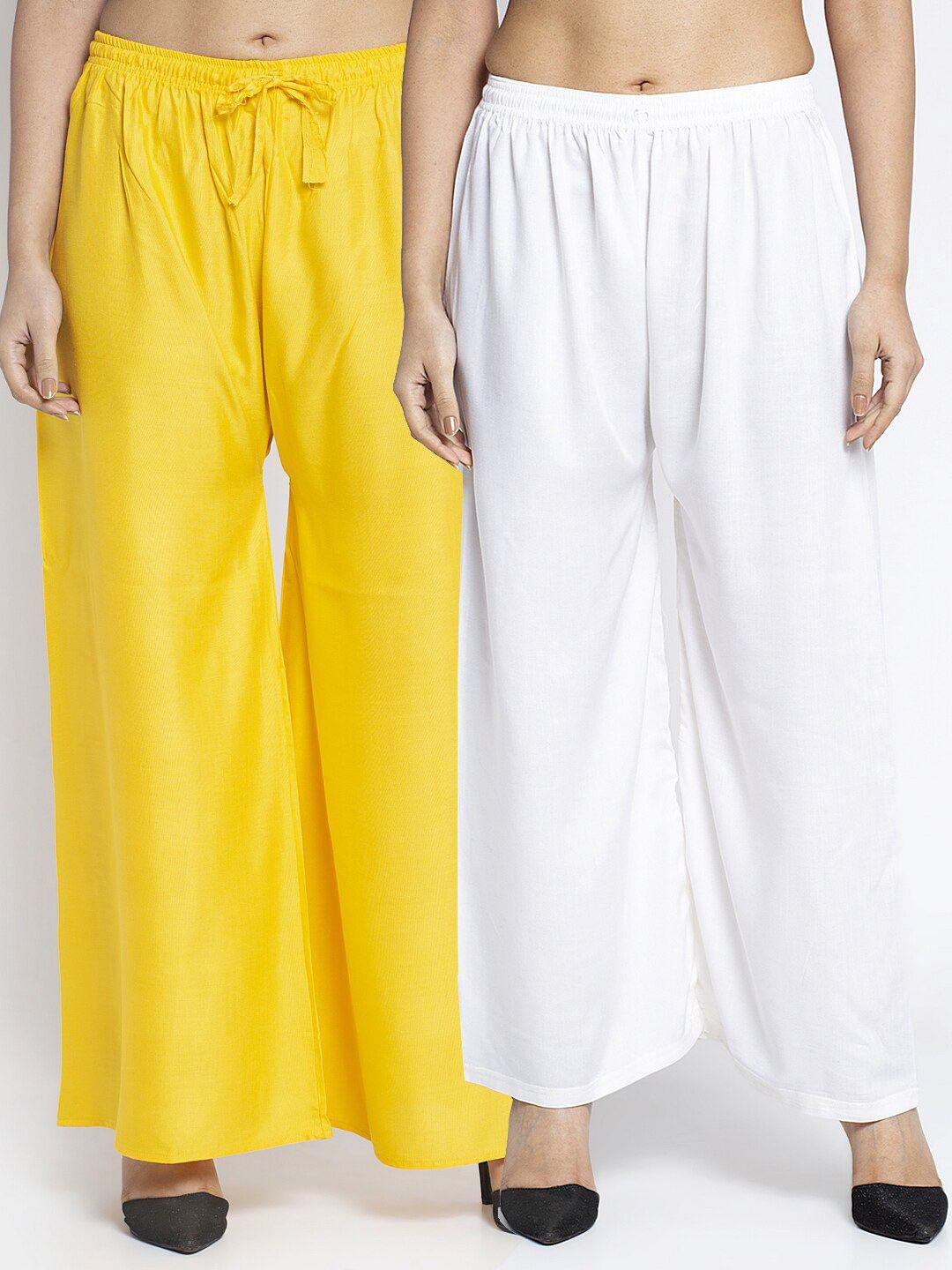 jinfo set of 2 women yellow & white flared knitted ethnic palazzos