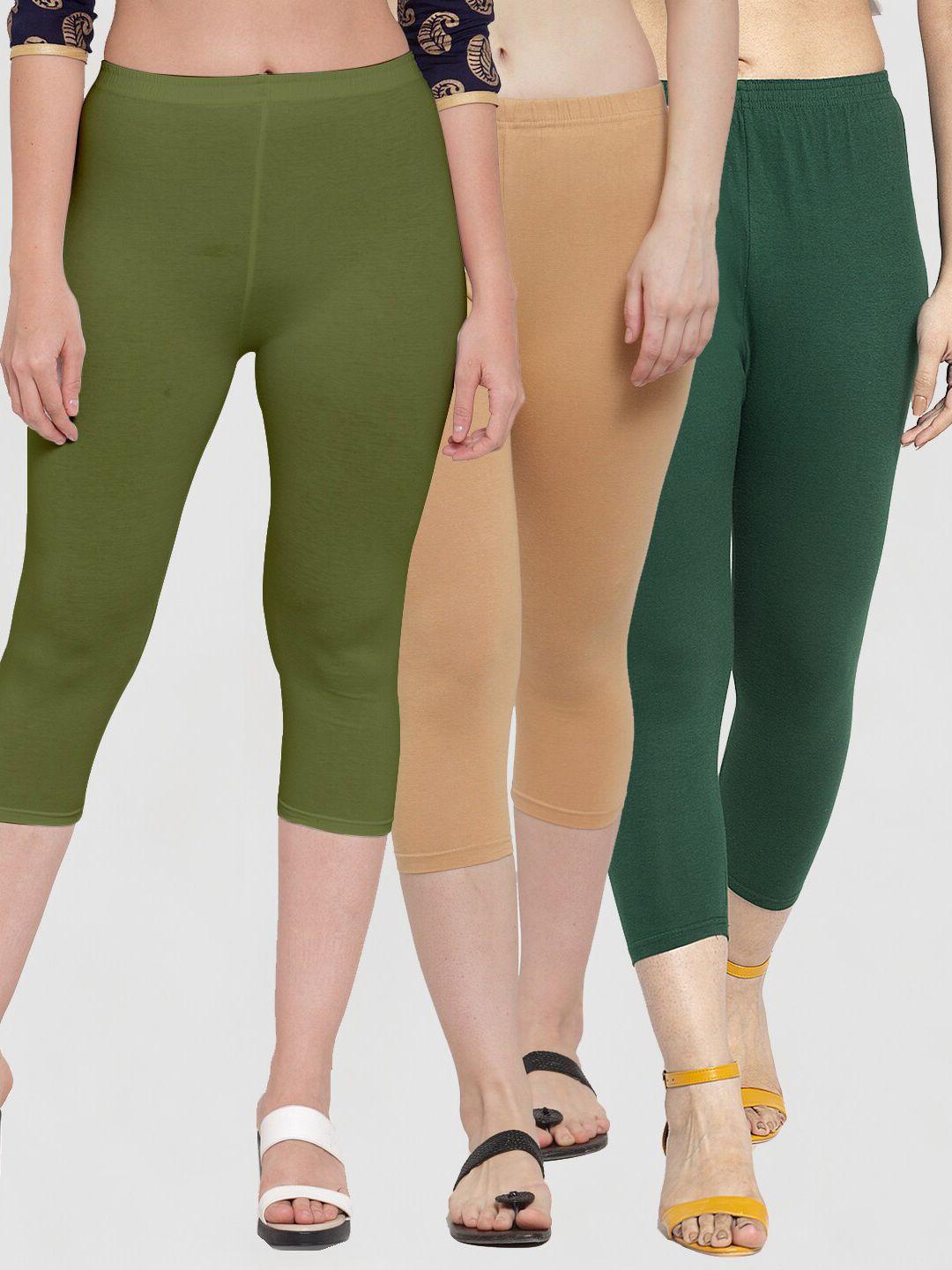 jinfo women beige & green pack of 3 solid capris