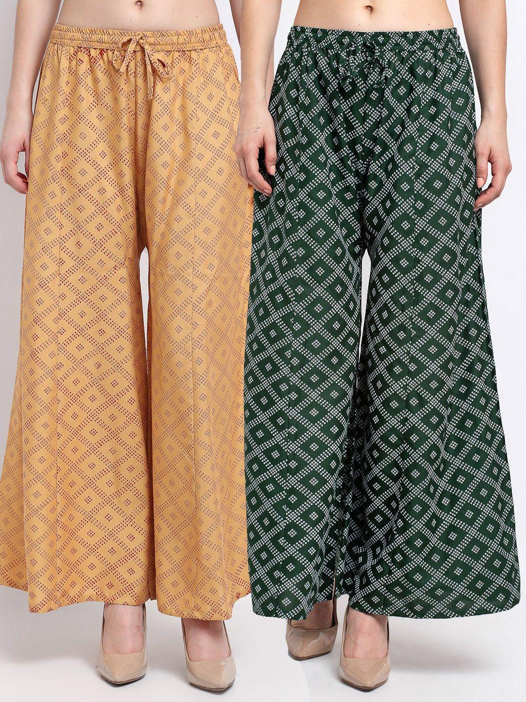 jinfo women beige & green set of 2 printed flared ethnic palazzos