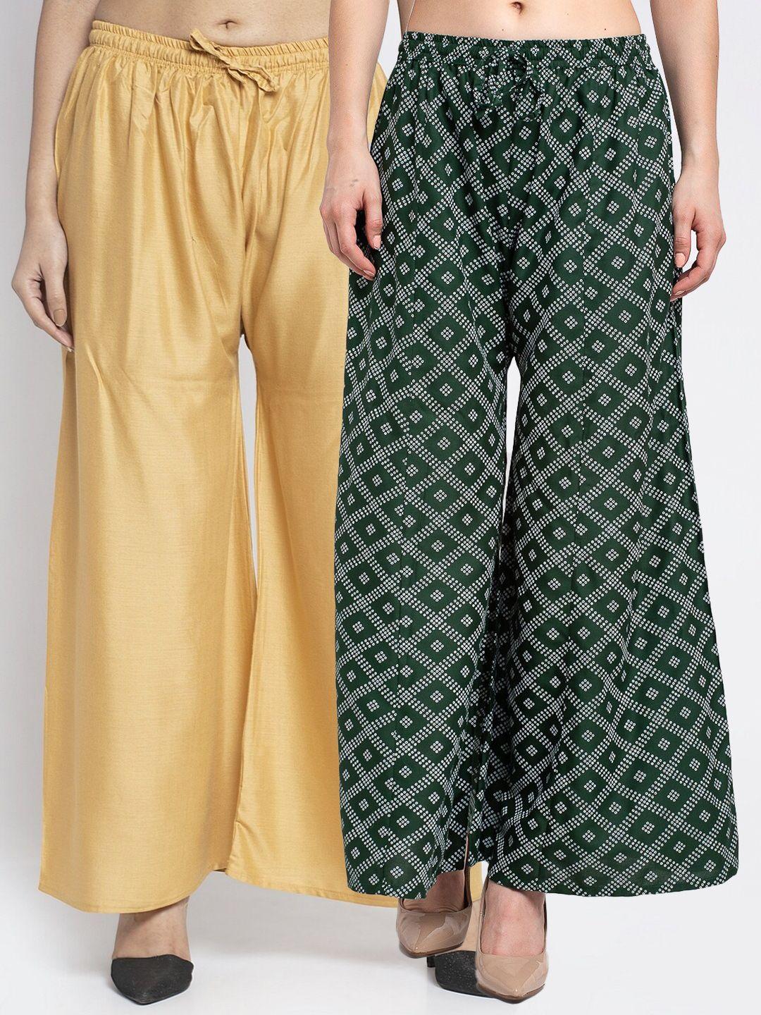 jinfo women beige & green set of 2 printed flared knitted ethnic palazzos