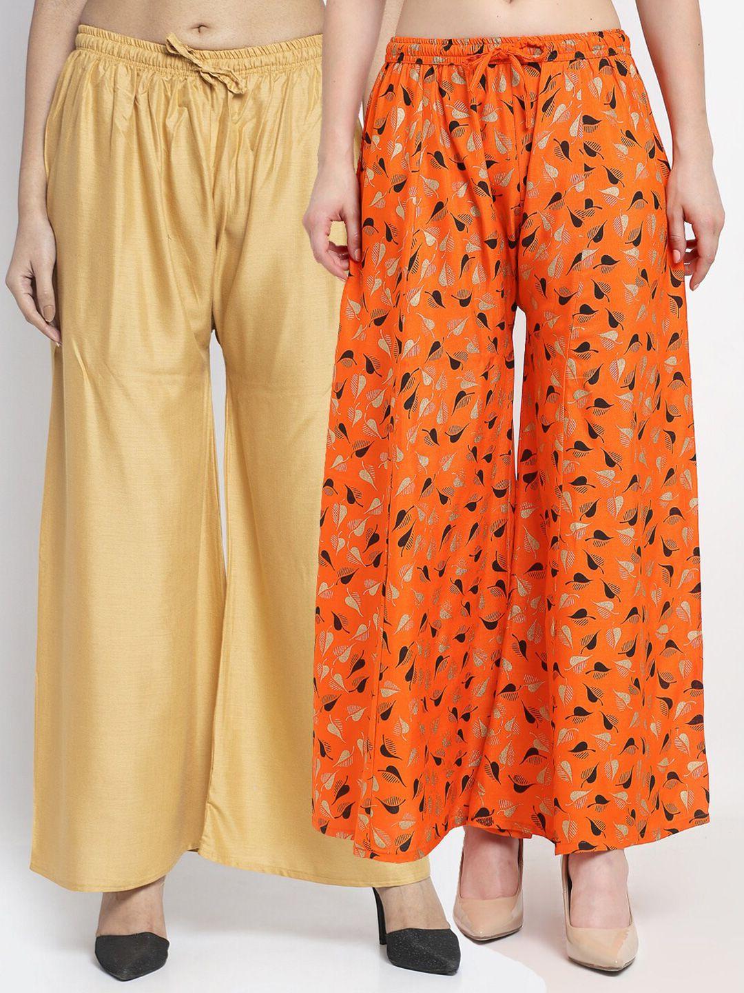 jinfo women beige & orange set of 2 floral printed flared ethnic palazzos