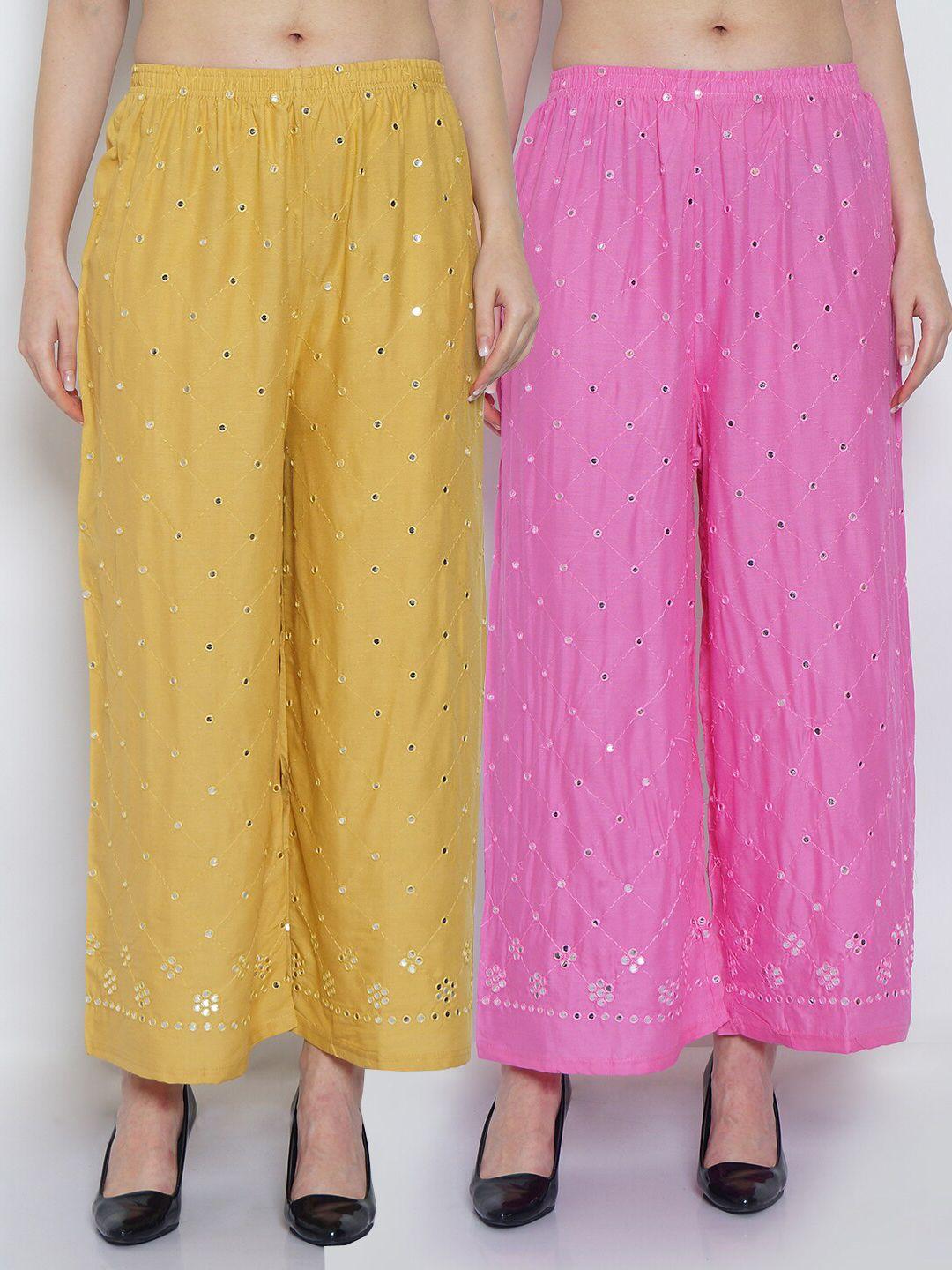 jinfo women beige & pink pack of 2 floral embroidered flared ethnic palazzos