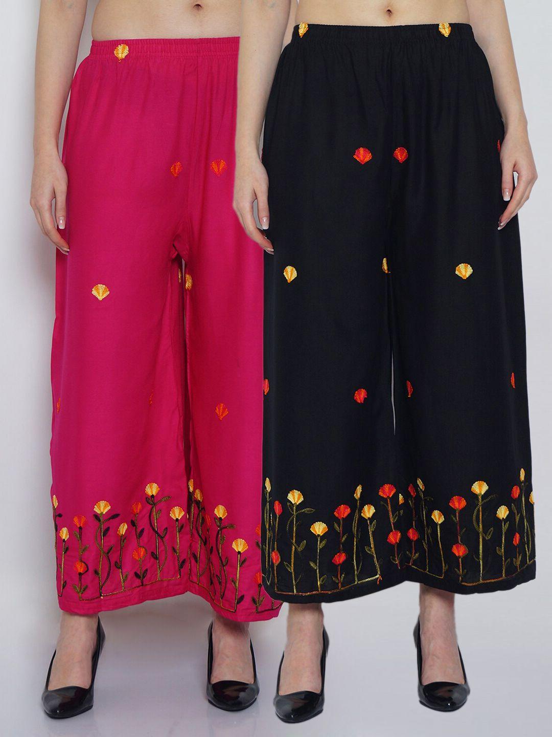 jinfo women black & fuchsia set of 2 floral embroidered flared knitted ethnic palazzos