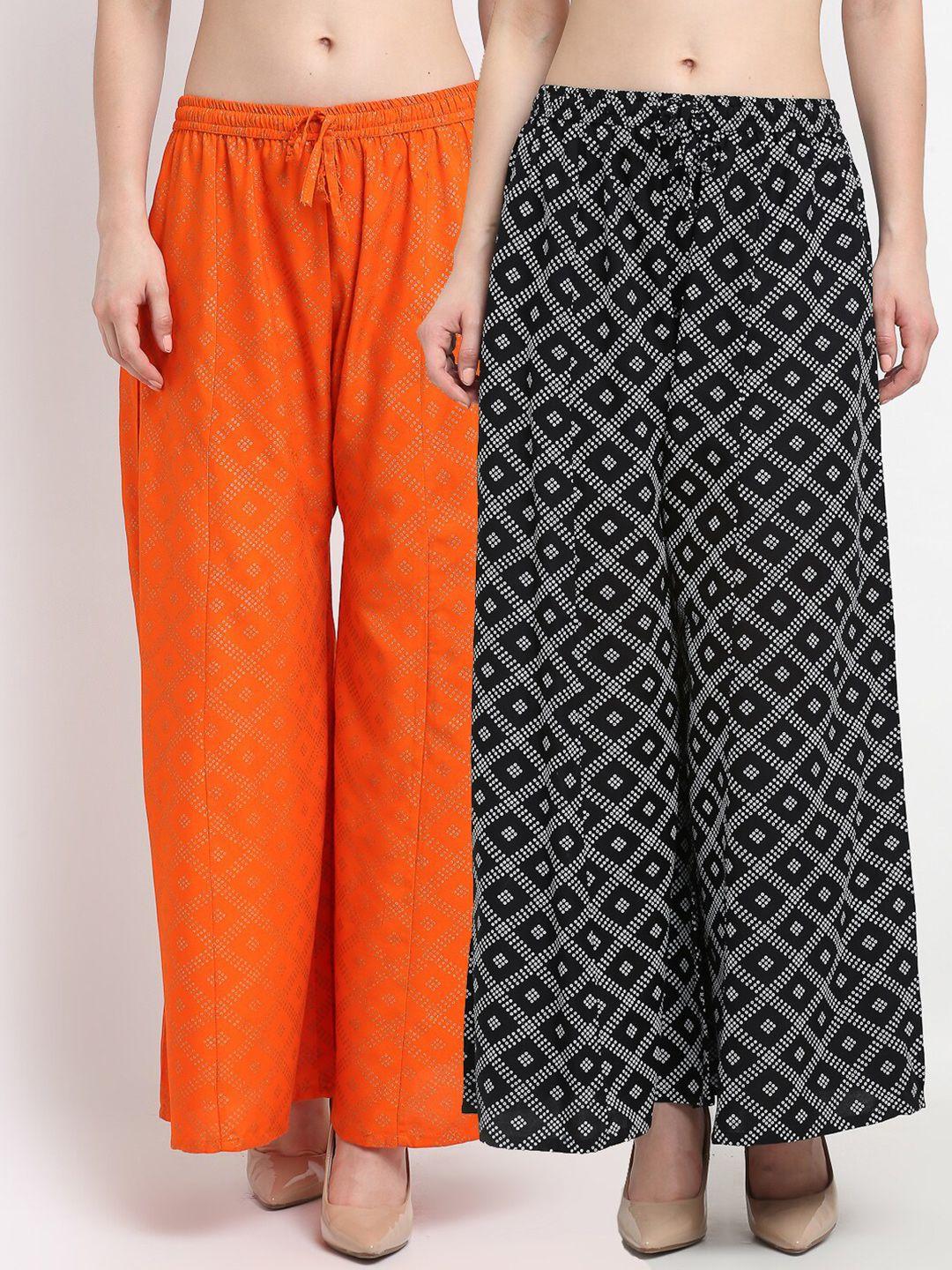 jinfo women black & orange set of 2 printed flared ethnic palazzos