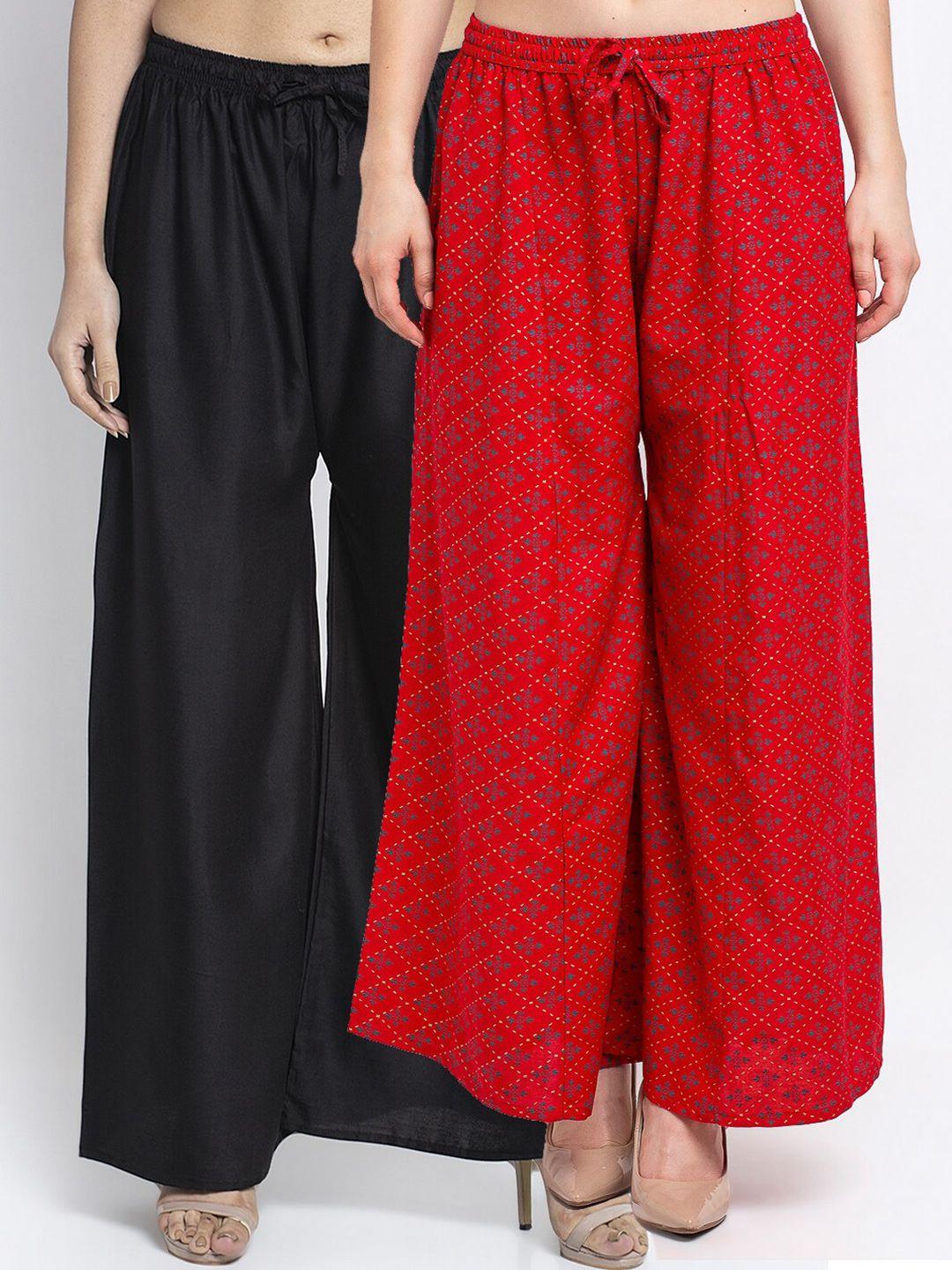 jinfo women black & red pack of 2 printed flared ethnic palazzos