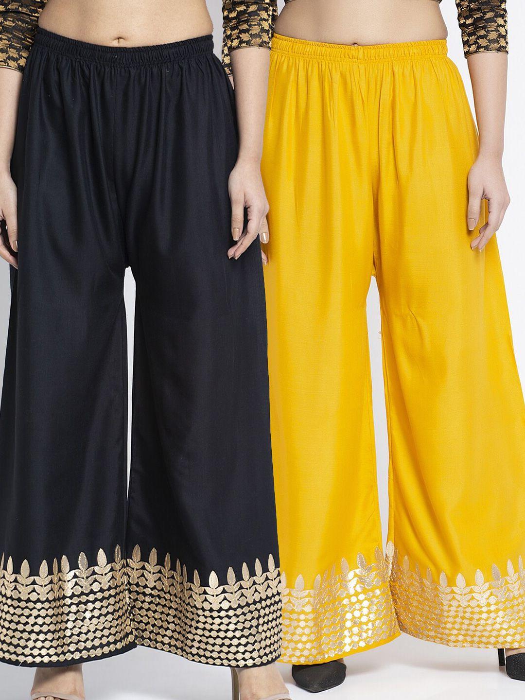 jinfo women black & yellow set of 2 gota printed wide leg fit palazzo